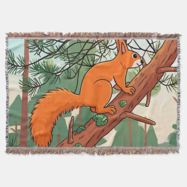 Playful Red Squirrel on Pine Tree Illustration Throw Blanket (Front)