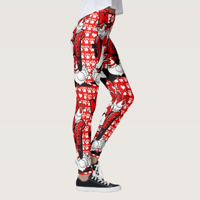 Playful Red White Winking Cat & Chickens Pattern Leggings (Right)
