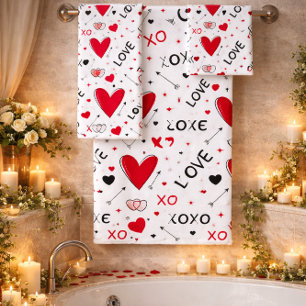 Playful Red & White XO Heart Pattern on White Bath Towel Set