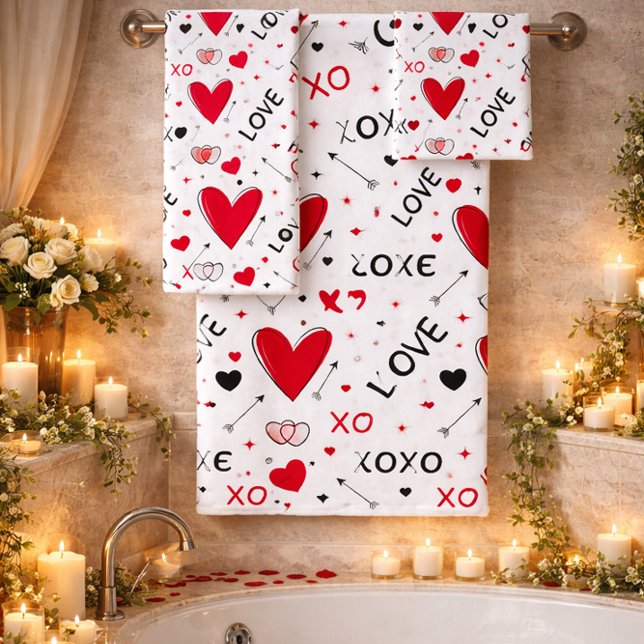 Playful Red & White XO Heart Pattern on White Bath Towel Set (Creator Uploaded)