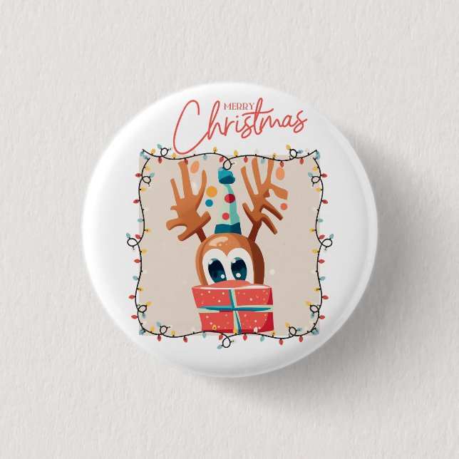 Playful Reindeer with Gift  3 Cm Round Badge (Front)