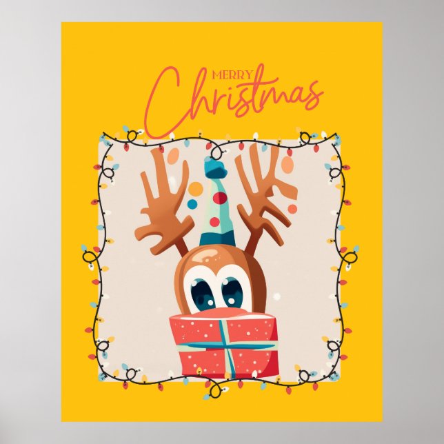 Playful Reindeer with Gift  Poster (Front)