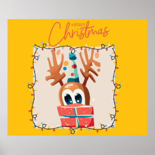 Playful Reindeer with Gift Poster