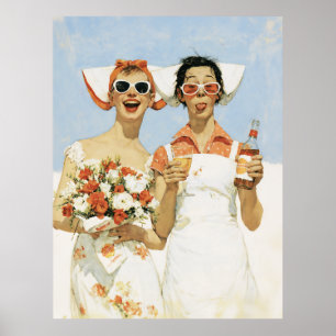 Playful Retro Bridesmaids Celebration Illustration Poster