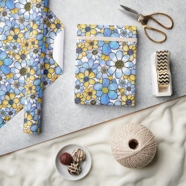 Playful Retro Floral Pattern, Soft Blue and Yellow Wrapping Paper (Crafts)