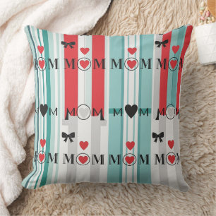 Playful Retro Mum with Hearts & Turquoise Stripes Cushion