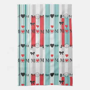 Playful Retro Mum with Hearts & Turquoise Stripes Tea Towel