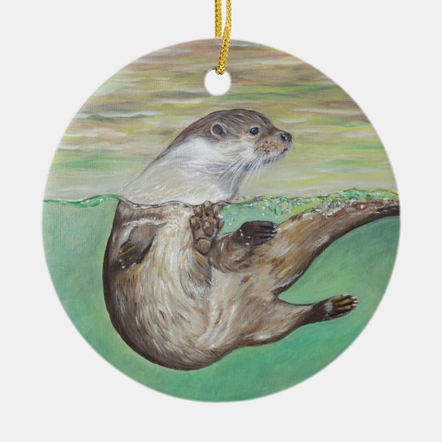 Playful River Otter Painting Ceramic Tree Decoration (Front)