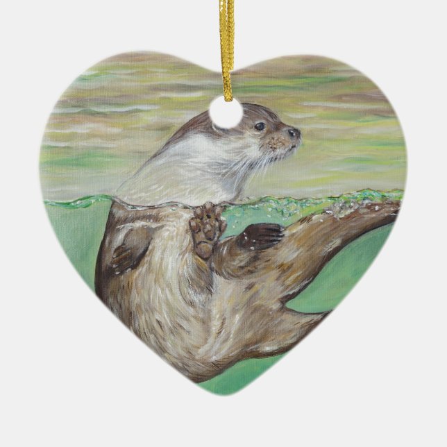 Playful River Otter Painting Ceramic Tree Decoration (Front)