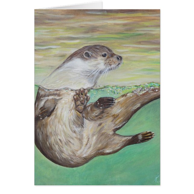 Playful River Otter Painting Greeting Card (Front)