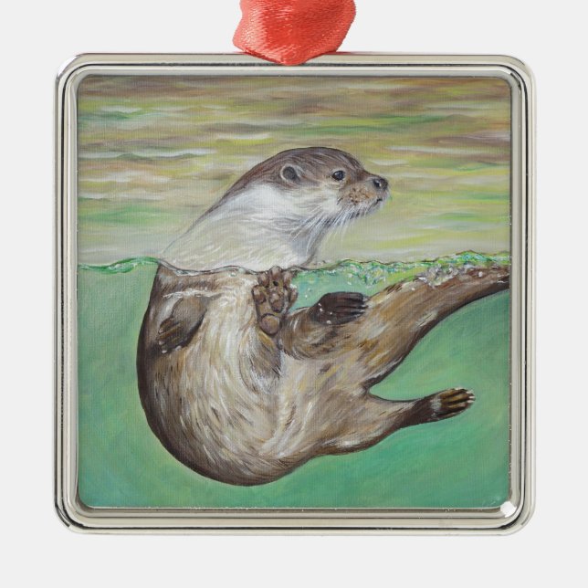 Playful River Otter Painting Metal Tree Decoration (Front)
