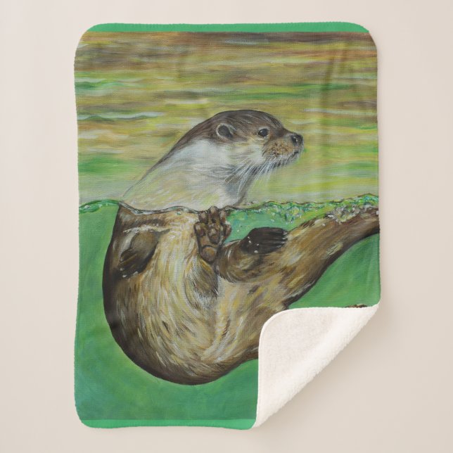 Playful River Otter Painting Sherpa Blanket (Front)
