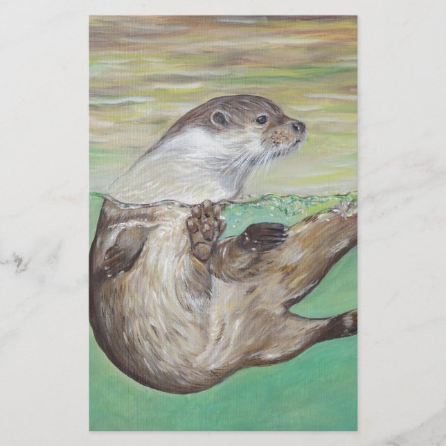 Playful River Otter Painting Stationery (Front)