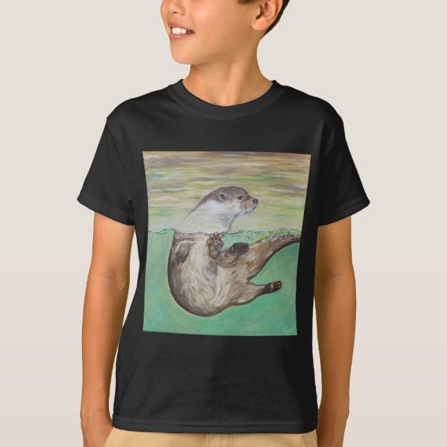 Playful River Otter Painting T-Shirt (Front)