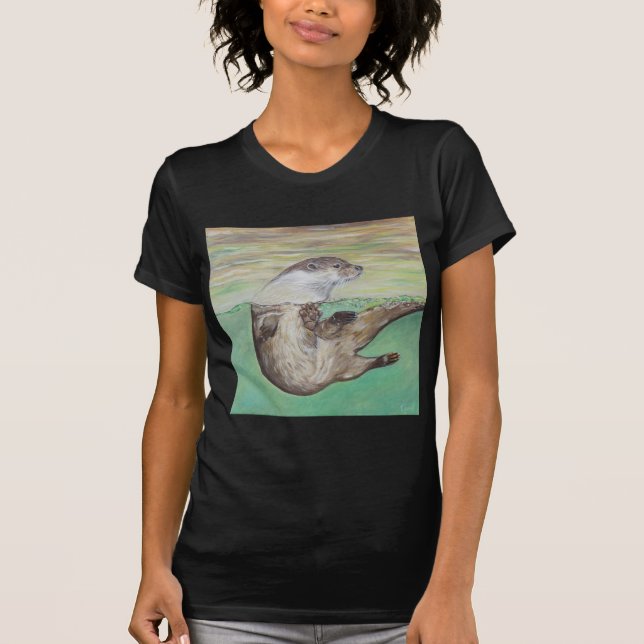Playful River Otter Painting T-Shirt (Front)