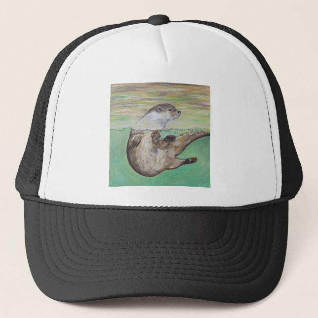 Playful River Otter Painting Trucker Hat (Front)