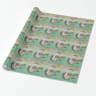 Playful River Otter Painting Wrapping Paper