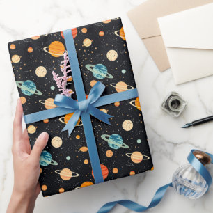 Playful Saturn and Stars Pattern On Black Wrapping Paper