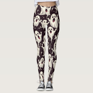 Playful Scary Ghost Pattern for Halloween Night Leggings