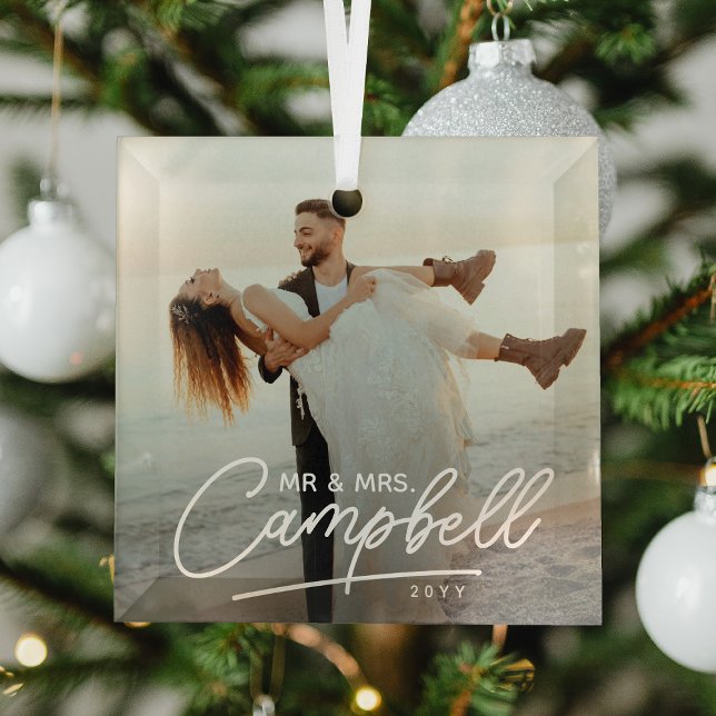 Playful Script Mr & Mrs Newlywed Keepsake Glass Tree Decoration (Creator Uploaded)