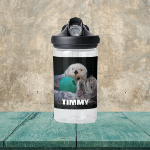 Playful Sea Otters with Child's Name Water Bottle
