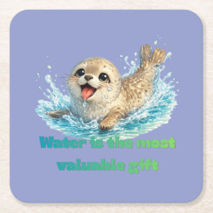 Playful Seal Water Conservation & Ocean Awareness Square Paper Coaster