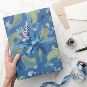 Playful Seals Marine Blue Wrapping Paper