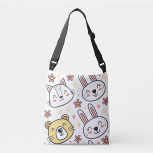 Playful Seamless Pattern with Cute Cartoon Animals Crossbody Bag
