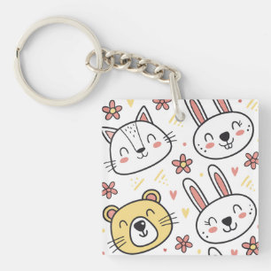 Playful Seamless Pattern with Cute Cartoon Animals Key Ring