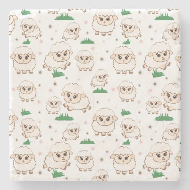 Playful Sheep Pattern Stone Coaster (Front)