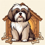 Playful Shih Tzu Dog House Tote Bag<br><div class="desc">A beige tote bag featuring a cute brown‑and‑white Shih Tzu sitting in front of a wooden doghouse, with playful cartoon bones scattered around. The vibrant illustration pops beautifully against the neutral fabric.</div>