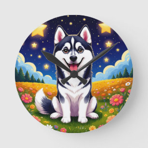 Playful Siberian Husky Round Clock