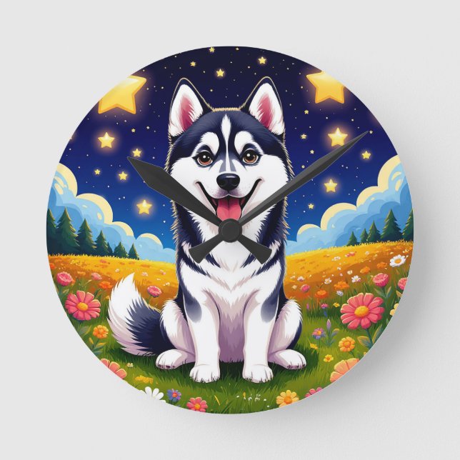 Playful Siberian Husky Round Clock (Front)
