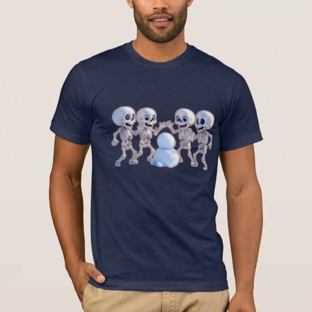Playful Skeletons Building a Snowman – 3D Cartoon, T-Shirt (Front)