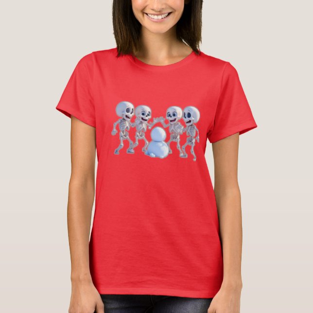 Playful Skeletons Building a Snowman – 3D Cartoon, T-Shirt (Front)