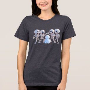 Playful Skeletons Building a Snowman – 3D Cartoon, Tri-Blend Shirt
