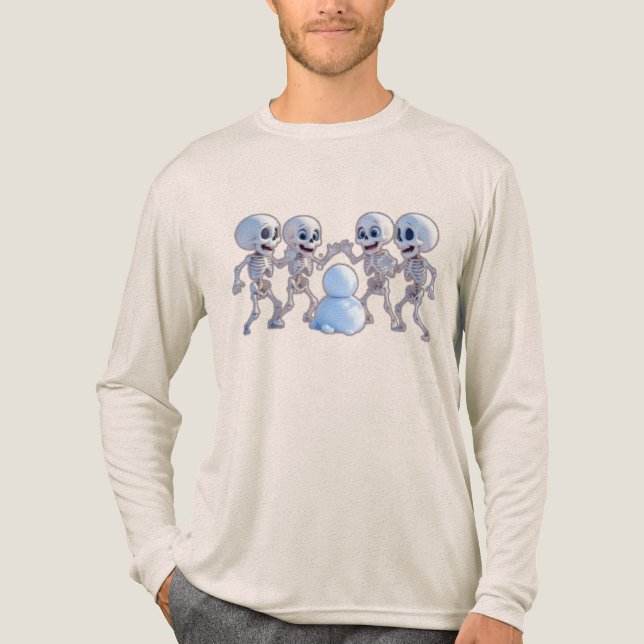 Playful Skeletons Building a Snowman – 3D Cartoon, Tri-Blend Shirt (Front)