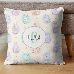 Playful Sketch Bunnies Monogram Cushion