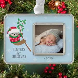 Playful Sloth First Christmas Photo Silver Plated Framed Ornament