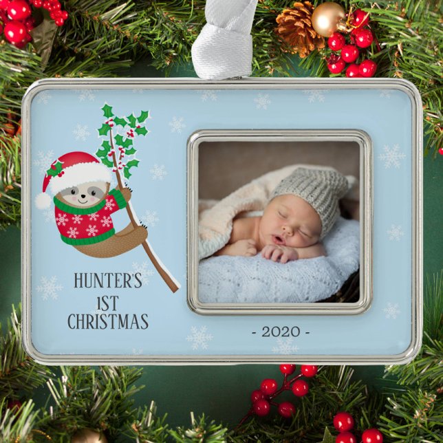 Playful Sloth First Christmas Photo Silver Plated Framed Ornament (Creator Uploaded)