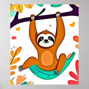 Playful Sloth Hanging from a Tree Poster