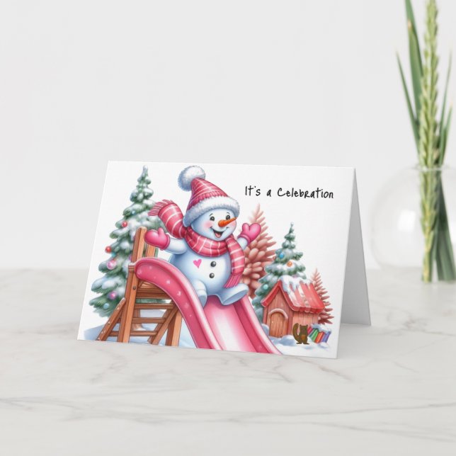 Playful Snowman at the Playground Pink  Holiday Card (Front)