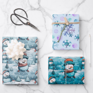 Playful Snowmen Pine Trees Snowflakes Christmas Wrapping Paper Sheet