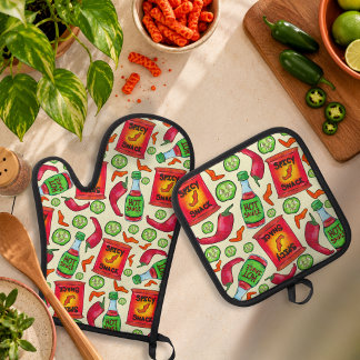 Playful Spicy Food Pattern Oven Mitt & Pot Holder Set