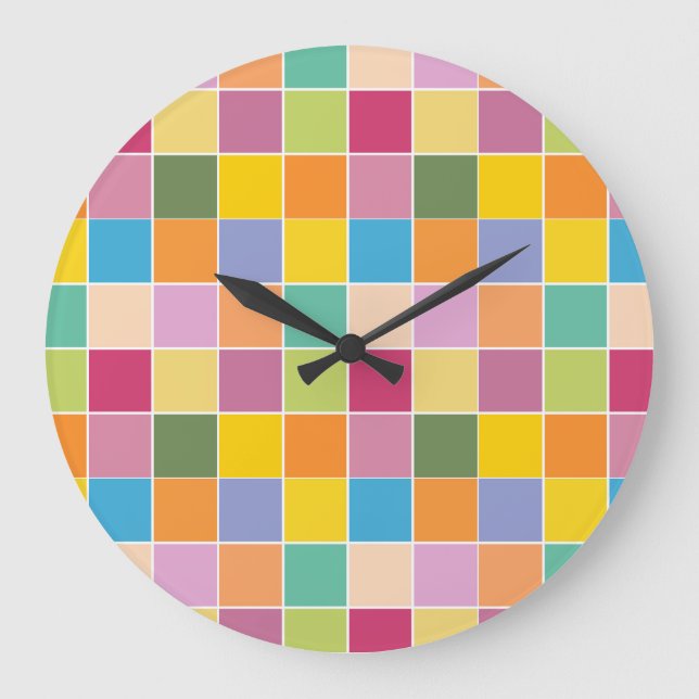 Playful Springtime Checkers  Large Clock (Front)