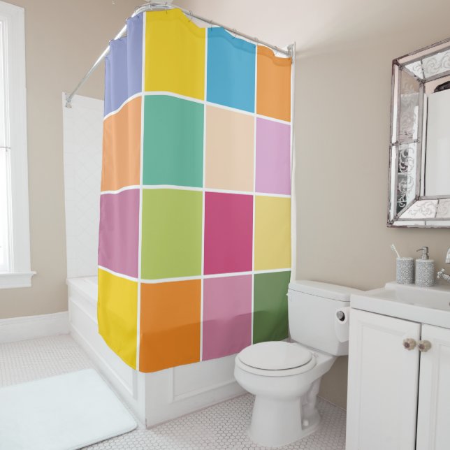 Playful Springtime Checkers Shower Curtain (In Situ)
