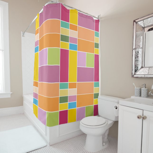 Playful Springtime Geometric Blocks Shower Curtain (In Situ)