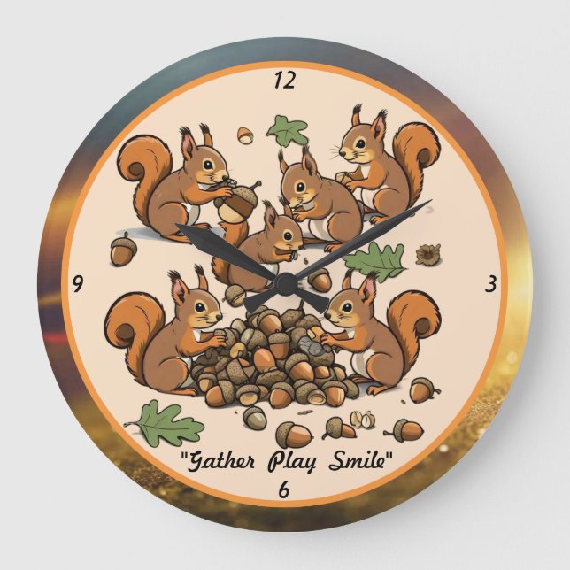 "Playful Squirrel Acorn Scene" Large Clock (Front)