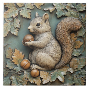 Playful Squirrel with Acorn Faux Relief Tile