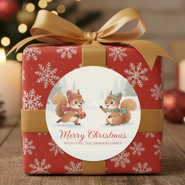 Playful Squirrels in Christmas Winter Forest Classic Round Sticker (Creator Uploaded)
